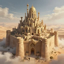 amazing dizzying persian chaos castle in the desert, art nouveau architecture, massive ramparts, hyperdetailed infrastructure by greg rutkowski and rodney matthews, artstation, epic fantasy atmosphere, clouds, photorealism, uhd