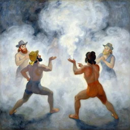 people fighting in a cloud of smoke, fog, inspired by old cartoons. painting by degas, yves tanguy, monet, henri de toulouse - lautrec, agnes pelton