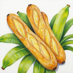 baguettes on a banana palm, intricately detailed acrylic painting