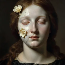 hyperrealism close - up mythological portrait of a medieval woman's shattered face partially made of ivory flowers in style of classicism, pale skin, wearing black dress, dark and dull palette