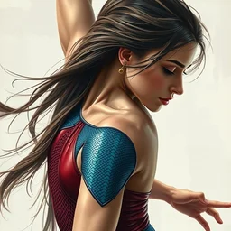 dancer girl with long hair in burgundy and blue snake leather bodysuit. highly detailed, digital painting, watercolor, soviet realism, engraving, artstation, concept art, smooth, sharp focus, vivid grunge, manga, illustration, unreal engine 5, 8 k, art by bilibin and kilian eng and kuvshinov and malevich and mucha