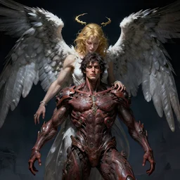 altered carbon, angel protecting man, detailed intricate illustration, dark atmosphere, detailed illustration, hd, 4 k, digital art, overdetailed art, by greg rutkowski, by loish, complementing colors, trending on artstation, deviantart