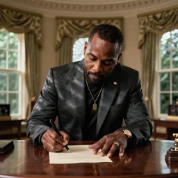 a photo of rick ross signing a bill in the oval office