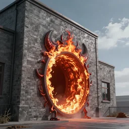 a fiery portal is the gateway to hell on the wall city building house, cinematic view, epic sky, detailed, concept art, low angle, high detail, warm lighting, volumetric, godrays, vivid, beautiful, trending on artstation, by jordan grimmer, huge scene, grass, art greg rutkowski