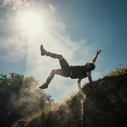 a man falls down a sunbeam