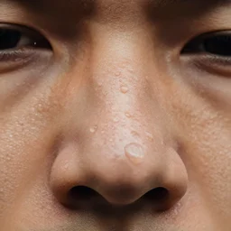 extreme close up photograph of a man's nose covered in beads of sweat