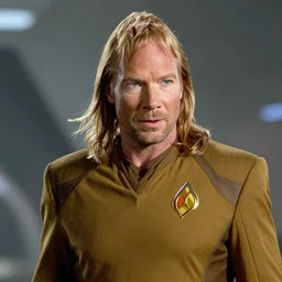 captain picard with long hair on his head, hyperrealistic, dynamic lighting