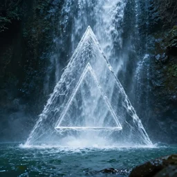 water artwork manipulation inside the shape of an triangle under a waterfall, ray tracing, realistic water, focus, long shot, 8 k resolution, cinematic, water art photoshop