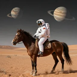 a photo of an astronaut riding a horse on mars and planet on the sky