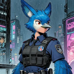A beautiful portrait commission of a female furry anthropomorphic avian blue bird fursona with feathers wearing a security guard uniform with a bullet proof vest. Cyberpunk city at night in the rain. Neon Light. Atmospheric. Character design by charlie bowater, ross tran, artgerm, and makoto shinkai, detailed, inked, western comic book art. 🐦🪶👔