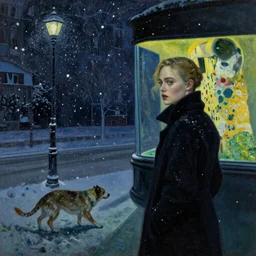 Elle Fanning stalking her prey at night in the world of Edward Hopper and Klimt, stormy snowy weather, streetlights, extremely detailed masterpiece, oil on canvas, low-key neon lighting, artstation, Blade Runner 2049, Roger Deakin’s cinematography, by J. C. Leyendecker and Peter Paul Rubens,