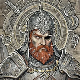 an concept art of the barbarian bearded king, red hair, one eye, intricate details, detailed face, detailed armour, artstation, ambient light, by david villegas