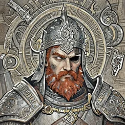 an concept art of the barbarian bearded king, red hair, one eye, intricate details, detailed face, detailed armour, artstation, ambient light, by david villegas