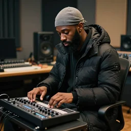 a young black urban male with a full beard, wearing a gray du rag and a black winter puffer down coat, playing an mpc while sitting in a chair in a music studio, epic composition, cinematic lighting, by cutiicosmo and liquidcoco 李 奎 德, award - winning, masterpiece,