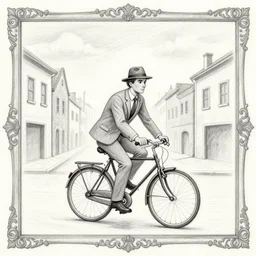 a one line man in a one line hat, a one line suit, a one line tie, riding a one line bicycle down a one line street with one line buildings and a one line sky, one line ornate frame, pencil drawing
