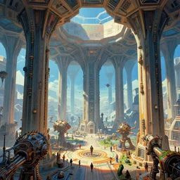 the depths of a vast artificial world with massive towering pillars holding the ceiling of the incredibly geometric, hexagon filled landscape up with machinery dwarfed by the environment and energetic beings patrolling, vibrant coloration, extreme depth, wayne barlowe, m. c escher and salvador dali collaboration, colossal hovering machine automations of brutalist design visible in the foreground