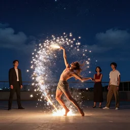 gorgeous modern dancer in an explosion of sparks with the night sky full of stars and clouds by nicolas delort, moebius, victo ngai, josan gonzalez, kilian eng