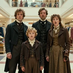 sharp, highly detailed, 8k film, 70mm film, high quality frame scan from a sci fi blockbuster color movie made in 2019, a family of four time travelers from 1860 travel in time to 2019, appearing in a shopping mall, looking surprised, the family are all wearing 1860s era clothes, good lighting, in focus, cinematic still, high quality scan, in focus, 35mm macro lens, oscar winner, award winning lighting, award winning photography