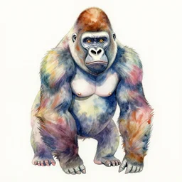 a beautiful watercolor painting of a gorilla by moebius, tie dye colored shiny metal
