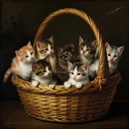 Renaissance painting of a basket of kittens