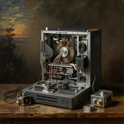 a still life painting made of computer parts styled by caravaggio