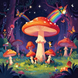 psychedelic mushrooms, enchanted cosmic forest, mushrooms on the ground, small fairies, stars in the sky, butterflies, rainbows, psychedelic, wide angle shot, vector art, fantasy poster illustration by helen huang and frank frazetta and salvador dali