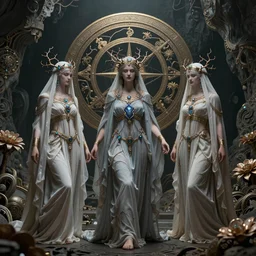 The three moiras, dressed in robes of veils and clouds with intricate jewels and intricate branches with a biocomputer heart, on an epic intricate oroboros, behind a large and detailed sculpted astrolabe, inside a cave with intricate biomechanical flowers, dramatic atmosphere, Diffused lighting, highly detailed digital art, trending on artstation, depth of field
