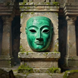 emerald mask on a pedestal inside a forgotten mayan temple, stone and moss, 8 k painting by greg rutkowski
