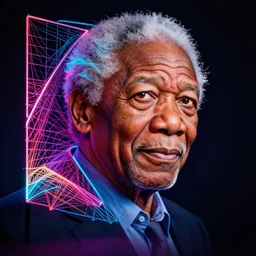 Morgan Freeman, generative art, neon, string art, janusz jurek, 4k HDR