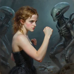 peter elson painting of emma watson fighting aliens. highly detailed, digital painting, sharp focus,