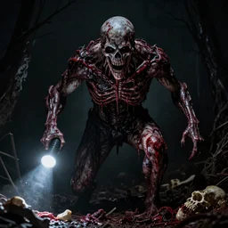 Scary monster in the style of the game Dead Space, scary, nasty, blood, flesh, bones, sinew, dark, scary, depressing, flashlight, fear