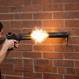 nerf gun firing real bullets at a brick wall professional photograph