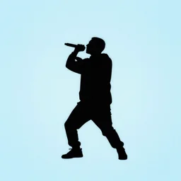 a lone figure freestyle rapping, holding microphone, epic pose, silhouetted, distinct figure, psychedelic hip-hop, laser light show, fog, beams of light