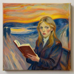 a reading girl in coffee shop, canvas, oil paint, cinematic, detailed, artwork by edvard munch