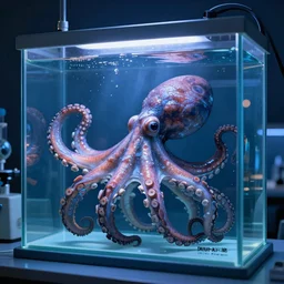 octopus immersed in laboratory glass tanks, blue color scheme, digital illustration, dramatic lighting, cinematic composition, concept art, detailed textures