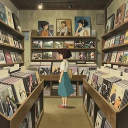a girl in a record store, art by hayao miyazaki, studio ghibli film, wide shot, hi res, 4k