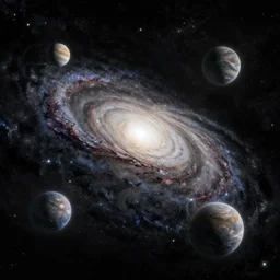 a vast galaxy, five planets, intricate, fantasy, highly detailed, digital painting, concept art, sharp focus, illustration, beautiful volumetric lighting, deep dark, artstation, Profound and vast, black, by Elizabeth Miloecute