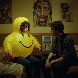 still from a 1994 arthouse film about a depressed woman dressed as an inflatable smiley  who meets a handsome younger man in a seedy motel room, color film, 16mm soft light, weird art on the wall