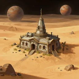 the remains of an abandoned human outpost, on a desert planet, from a space themed point and click 2 d graphic adventure game, art inspired by the lord of the rings and thomas kinkade