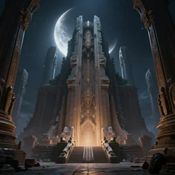 beautiful hyperrealistic hyperdetailed epic hdr 3 d render by octane of the mysterious intricate ruins of a temple from an advanced alien starwars civilization under the crescent moon with rimlight by alejandro burdisio and george ines, dramatic lighting