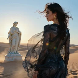 filmstill, over the shoulder sketch photography of beautiful female body covered with swirling black translucent blanket blowing in wind, acrylic liquid colors, luxurious supermodel photoshooting, golden jewelry, bokeh, godrays, strong wind, wrinkles, sunrays, sunset, lens flares, monet, renoir, cold colors, concept art, sand dunes, sand dust, melting victorian statue