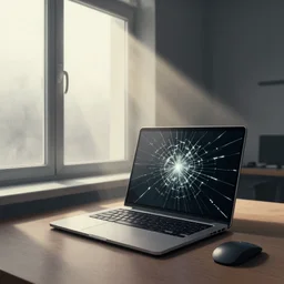 editorial illustration by karolis strautniekas and mads berg, office interior, laptop with a cracked shattered display, near a window window, fog, fine texture, detailed, muted colors, dramatic lighting, dynamic composition, vivid, matte print, wide angle, ( ( sunbeams ) ), moody