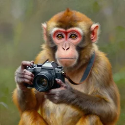 Portrait of a monkey holding a camera, oil painting