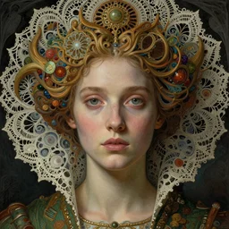 detailed realistic beautiful young medieval queen face portrait by jean delville, gustave dore, iris van herpen and marco mazzoni, art forms of nature by ernst haeckel, art nouveau, symbolist, visionary, gothic, pre - raphaelite, fractal lace, surreality