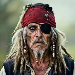 photo portrait | white hair | very old and rugged | dirty very skinny pirate | tattoos on face | white dreadlocks hair | one eyepatch | crooked teeth | wearing a red headband and black hat | very detailed photo | sigma lens 70mm