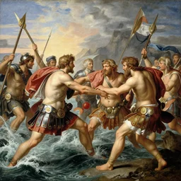 Roman legion doing battle with the ocean, classicism, romanticism, Renaissance, artwork, hyper detailed, 4k l, masterpiece, Divine work