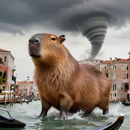 a massive 70 meter tall capybara causing mayhem in the city of venice, there is a tornado in the background