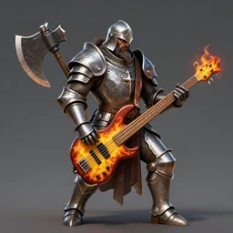 bugbear, class hunter, d & d, dungeons and dragons, ornate steel armour, playing flaming axe bass guitar, beard, male, strong outline, character design on white background, gnarly details, by kim jung giu, trending on artstation, denoised