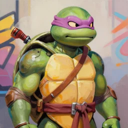 greg manchess portrait painting of armored teenage mutant ninja turtle as overwatch character, medium shot, asymmetrical, profile picture, organic painting, sunny day, matte painting, bold shapes, hard edges, street art, trending on artstation, by huang guangjian and gil elvgren and sachin teng
