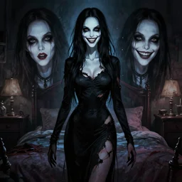 in the style of phil noto, artgerm, gorgeous alyson hannigan, evil dead movie, full body shot, torn black dress, evil smile, spooky, illustration, symmetrical face realistic symmetrical eyes, bedroom setting, charlie bowater, cinematic lighting, evil dead, undead demon, hyperdetailed